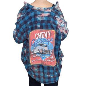 Chevy Garage Service & Repair Upcycled Shirt One Of A Kind Bleach Flannel sz XL